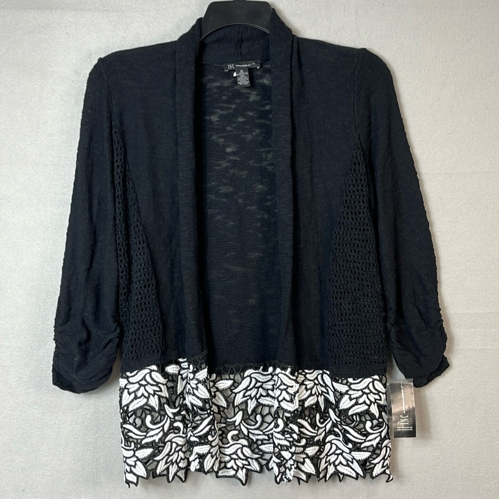 INC International Concepts Black Open Front Cardigan with White Floral Hem
